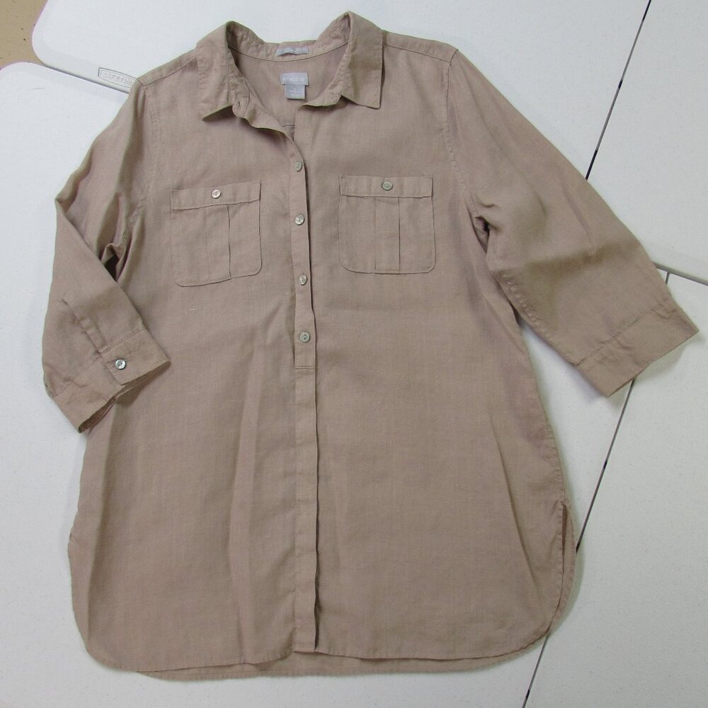 Chicos Size 2 Tan No Iron Linen Button Down 3/4 Sleeve
